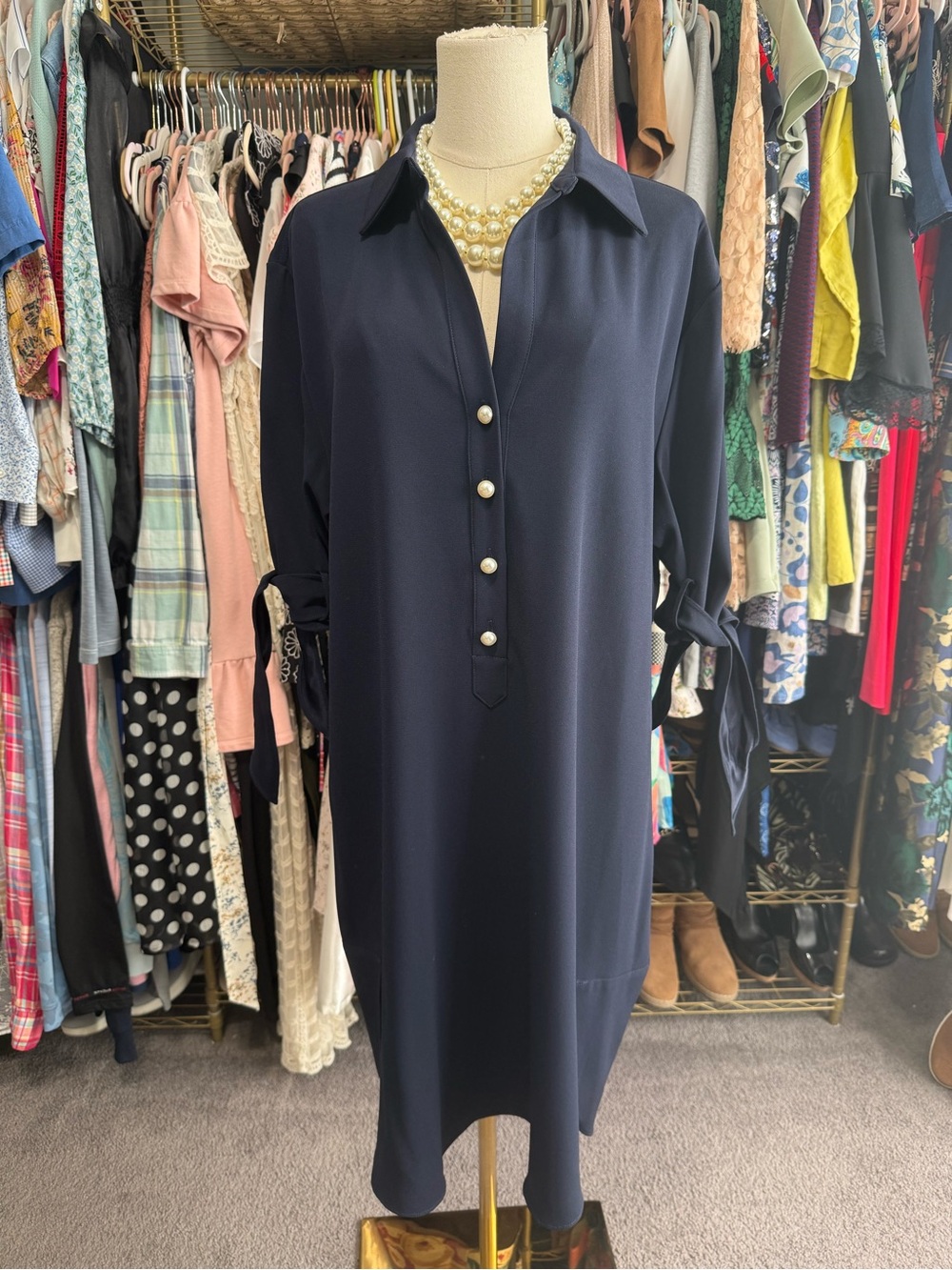 Rickie Freeman for Teri Jon Navy Blue Pearl Button Notched Collar Shirt Dress